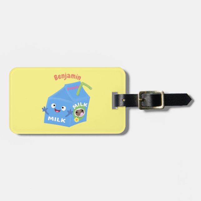 Cute happy milk carton character cartoon luggage tag (Front Horizontal)
