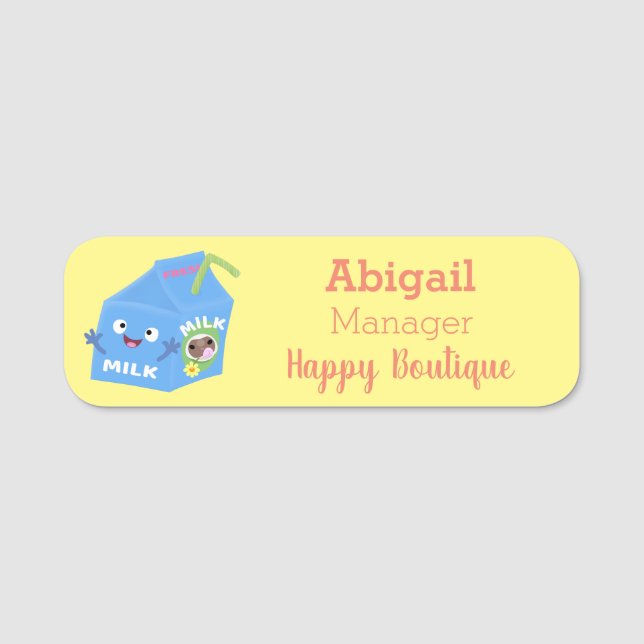 Cute happy milk carton character cartoon name tag (Front)