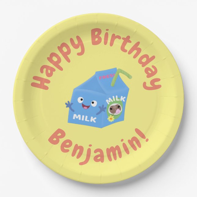 Cute happy milk carton character cartoon paper plate (Front)