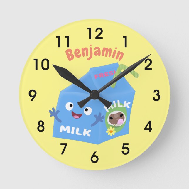 Cute happy milk carton character cartoon round clock (Front)