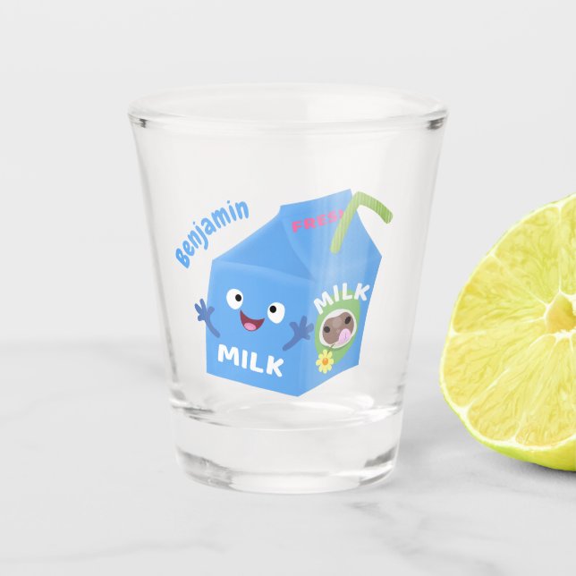Cute happy milk carton character cartoon shot glass (Front)