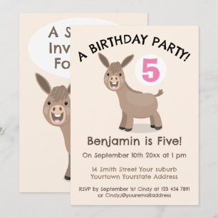 Cute happy mini donkey cartoon birthday invitation