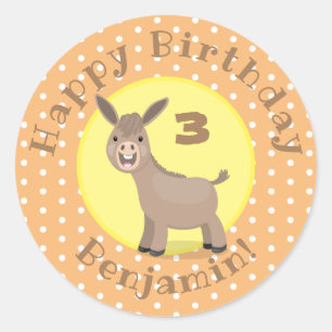 Cute happy mini donkey cartoon illustration classic round sticker