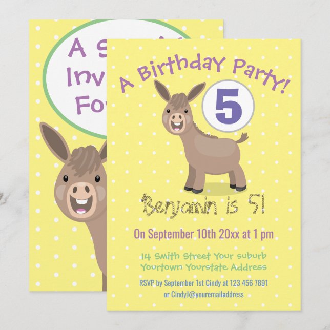 Cute happy mini donkey cartoon illustration invitation (Front/Back)
