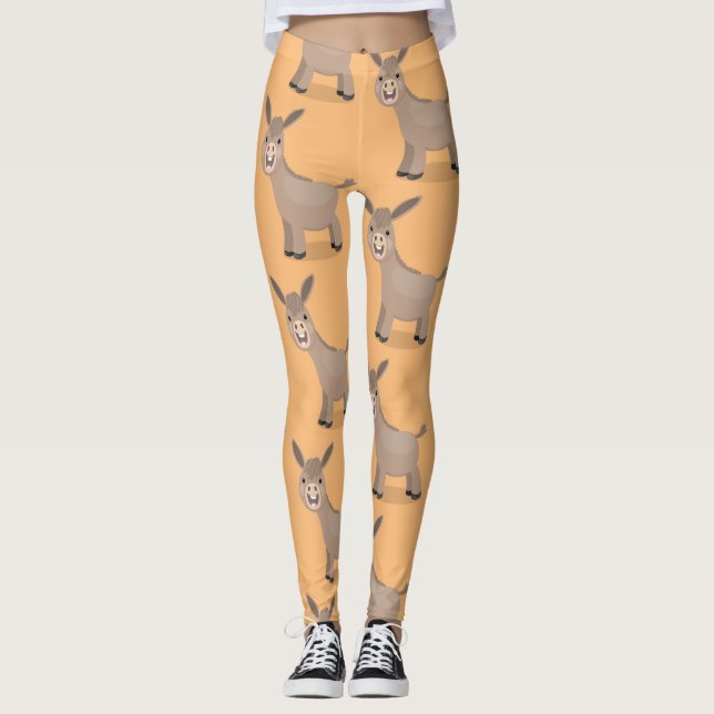 Cute happy mini donkey cartoon illustration leggings (Front)