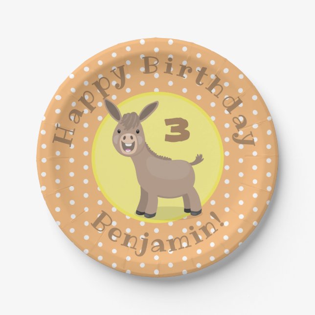 Cute happy mini donkey cartoon illustration paper plate (Front)