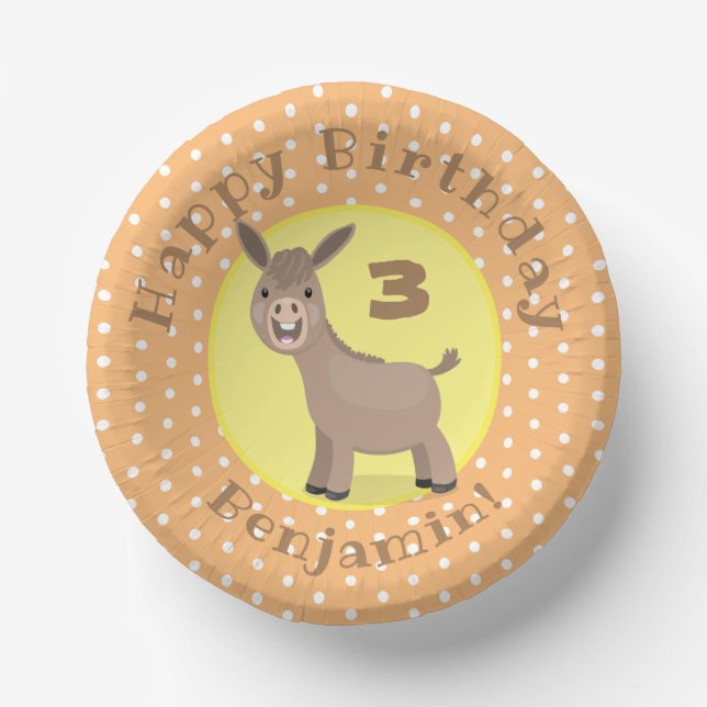 Cute happy mini donkey cartoon illustration paper plate (Front)