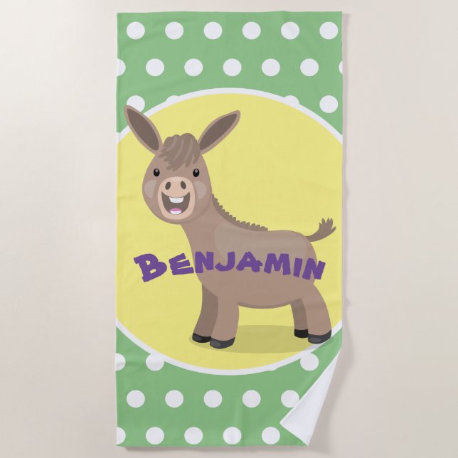 Cute happy miniature donkey cartoon illustration beach towel (Front)