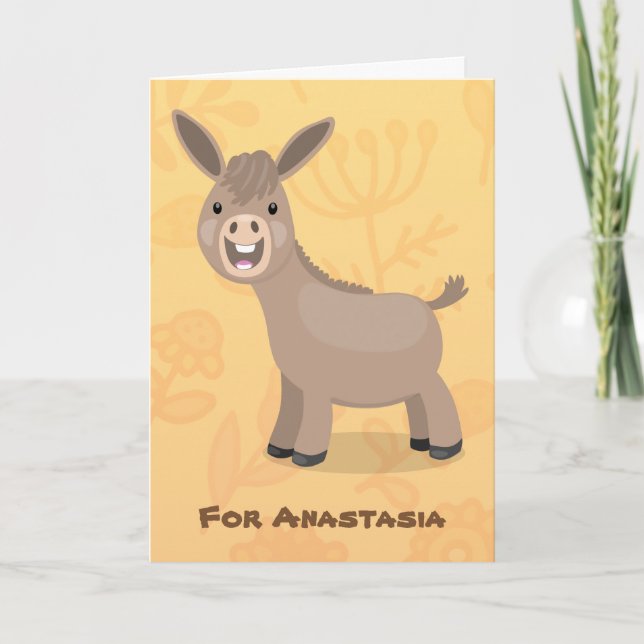 Cute happy miniature donkey cartoon illustration card (Front)