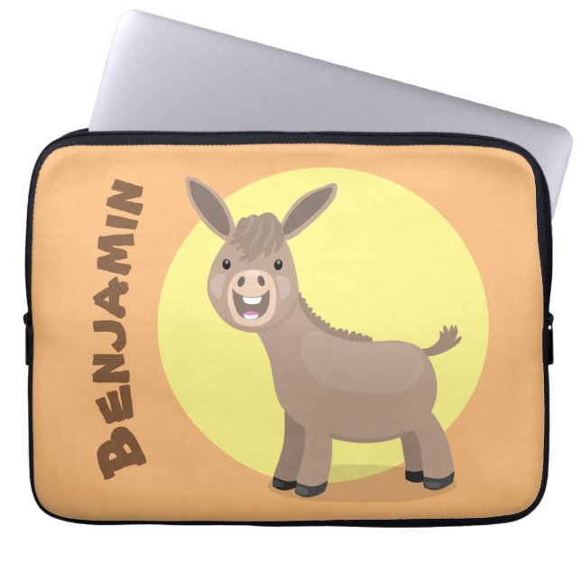 Cute happy miniature donkey cartoon illustration laptop sleeve (Front)
