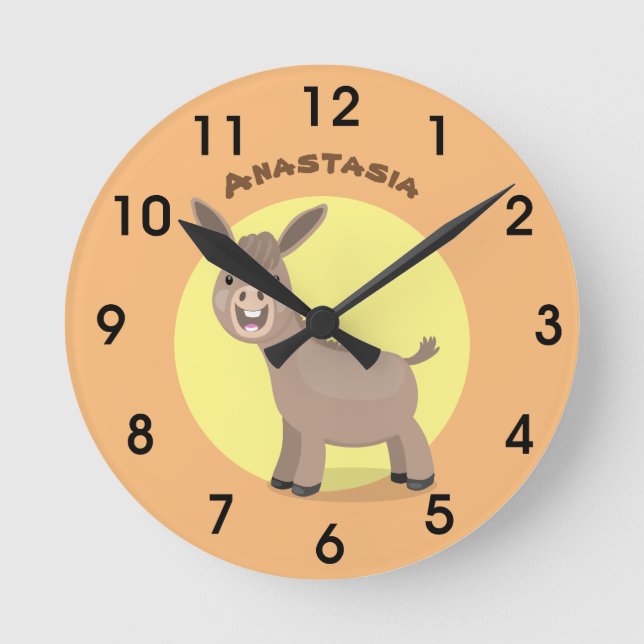 Cute happy miniature donkey cartoon illustration round clock (Front)