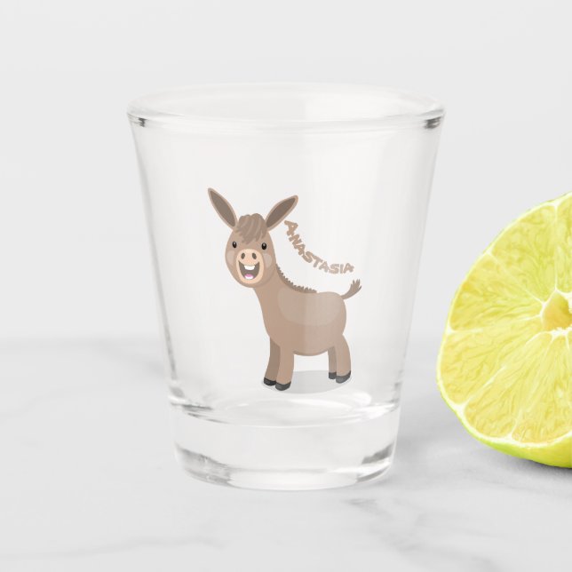 Cute happy miniature donkey cartoon illustration shot glass (Front)
