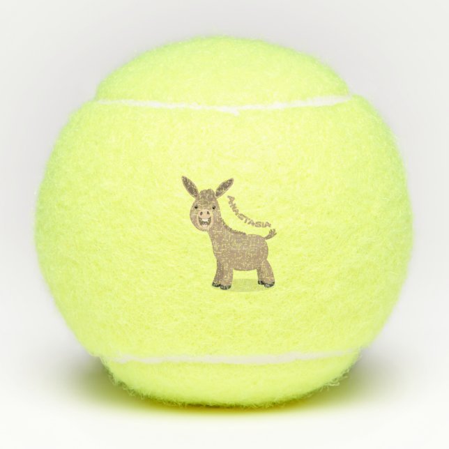Cute happy miniature donkey cartoon illustration tennis balls (Front)