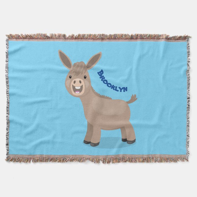 Cute happy miniature donkey cartoon illustration throw blanket (Front)