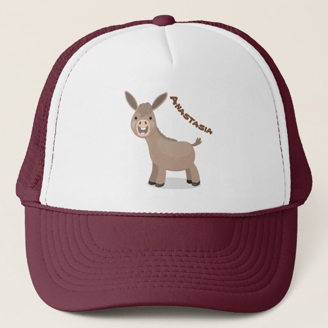 Cute happy miniature donkey cartoon illustration trucker hat (Front)