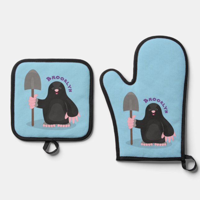 Cute happy mole cartoon illustration oven mitt & pot holder set (Front)