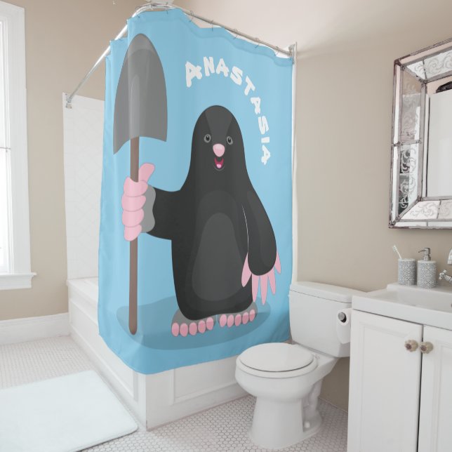 Cute happy mole cartoon illustration shower curtain (In Situ)