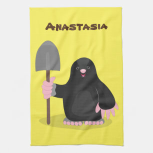 Cute happy mole cartoon illustration tea towel