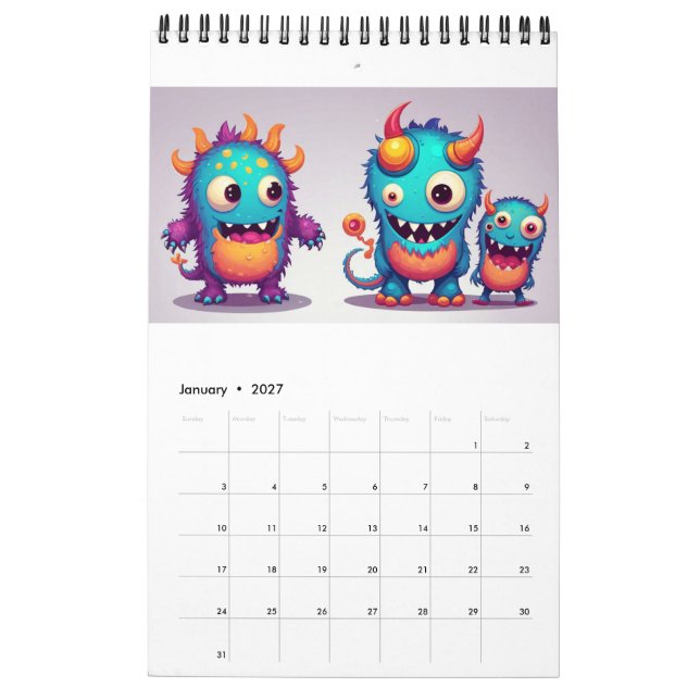 Cute happy monster calendar 2024 (Jan 2027)
