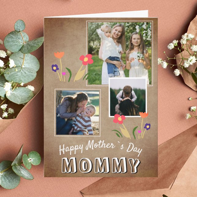 Cute Happy Mother`s Day Flowers 3 Photo Card (Creator Uploaded)