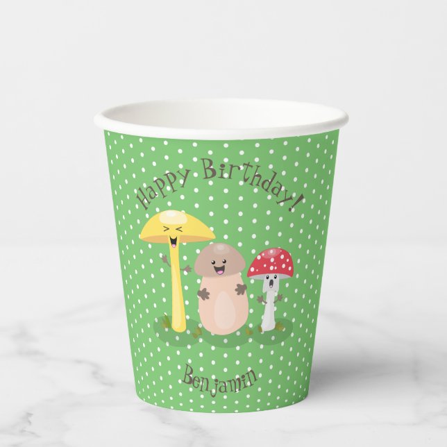 Cute happy mushroom fungi cartoon illustration paper cups (Front)