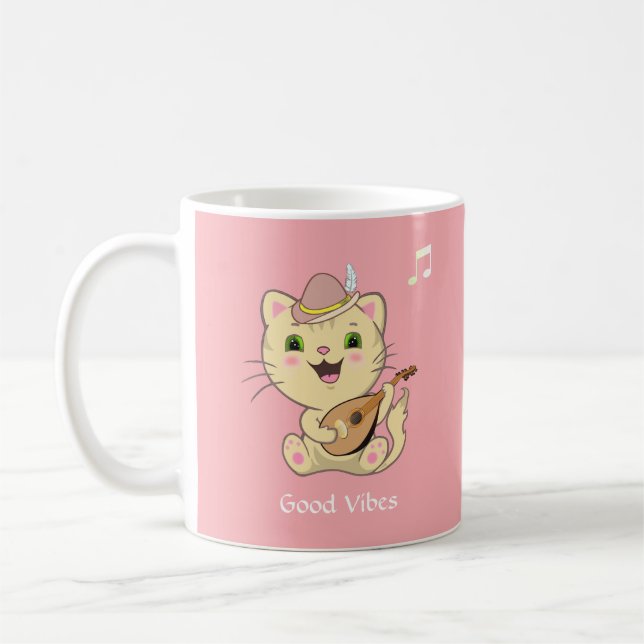 Cute Happy Musical Ginger Tabby Cat on Light Pink Coffee Mug (Left)
