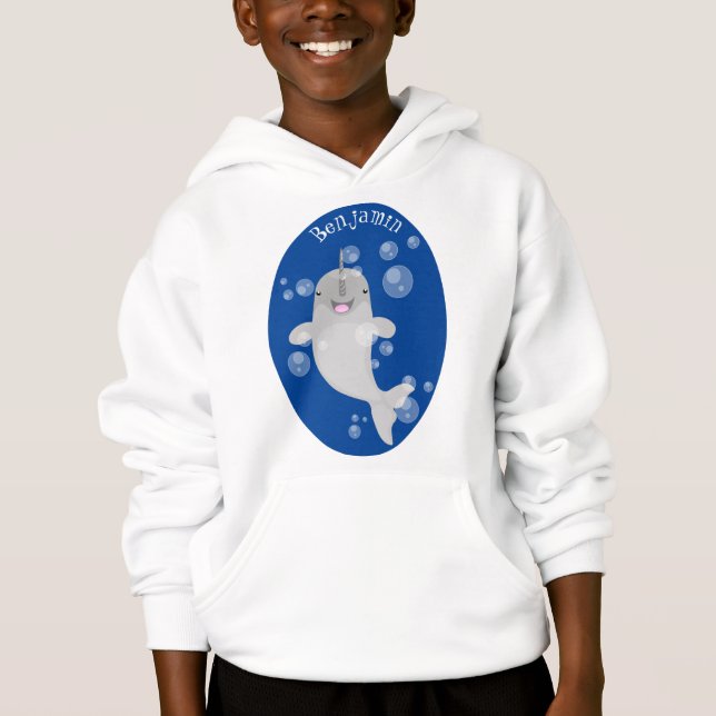 Cute happy narwhal bubbles cartoon illustration (Front)