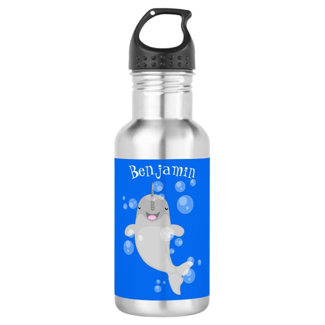 Cute happy narwhal bubbles cartoon illustration 532 ml water bottle (Front)