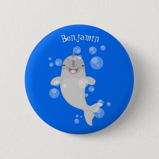 Cute happy narwhal bubbles cartoon illustration 6 cm round badge (Front)
