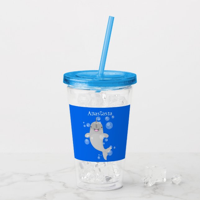Cute happy narwhal bubbles cartoon illustration acrylic tumbler (Back Ice)