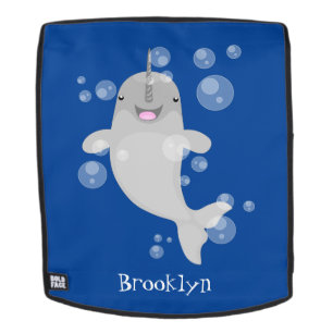 Cute happy narwhal bubbles cartoon illustration backpack