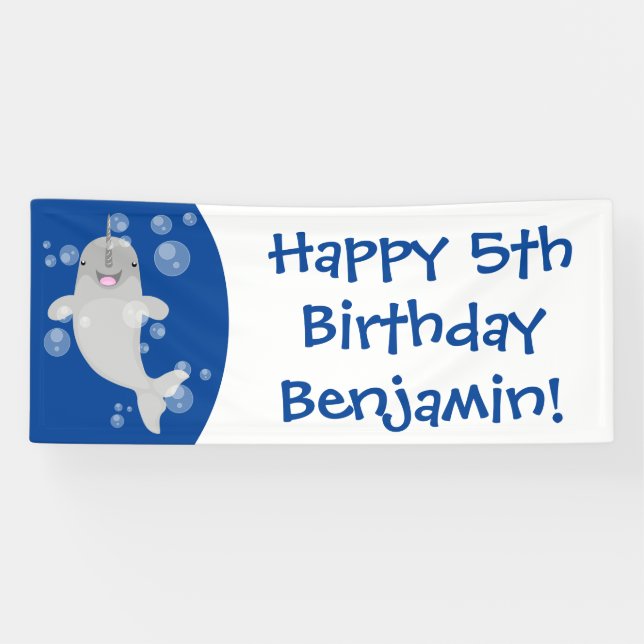Cute happy narwhal bubbles cartoon illustration banner (Horizontal)