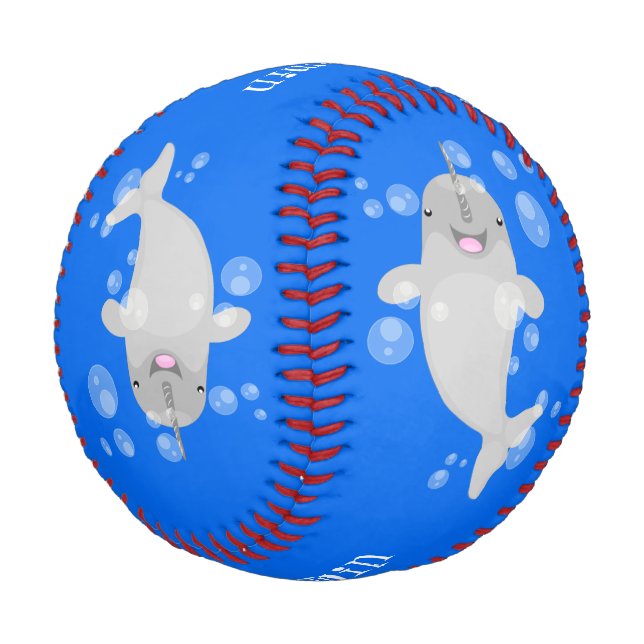 Cute happy narwhal bubbles cartoon illustration baseball (Angled)