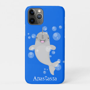 Cute happy narwhal bubbles cartoon illustration iPhone 11 pro case