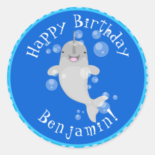 Cute happy narwhal bubbles cartoon illustration classic round sticker