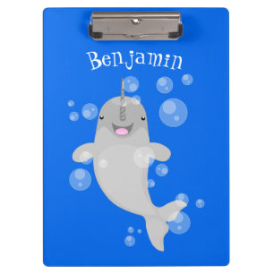 Cute happy narwhal bubbles cartoon illustration clipboard