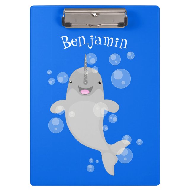 Cute happy narwhal bubbles cartoon illustration clipboard (Front)