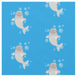 Cute happy narwhal bubbles cartoon illustration fabric