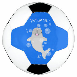 Cute happy narwhal bubbles cartoon illustration football