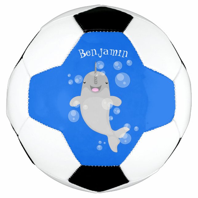 Cute happy narwhal bubbles cartoon illustration football (Front)