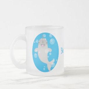 Cute happy narwhal bubbles cartoon illustration frosted glass coffee mug