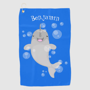 Cute happy narwhal bubbles cartoon illustration golf towel