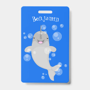 Cute happy narwhal bubbles cartoon illustration ID badge