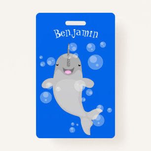 Cute happy narwhal bubbles cartoon illustration ID badge