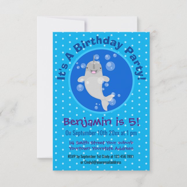 Cute happy narwhal bubbles cartoon illustration invitation (Front)