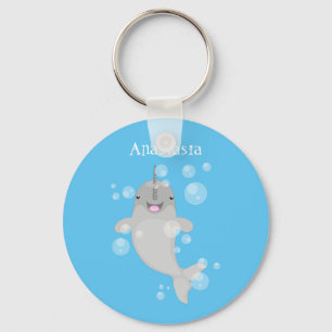 Cute happy narwhal bubbles cartoon illustration key ring