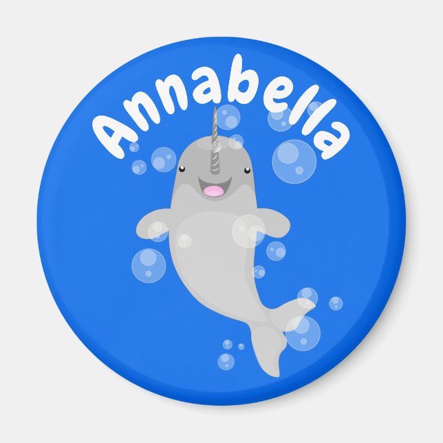 Cute happy narwhal bubbles cartoon illustration magnet (Front)