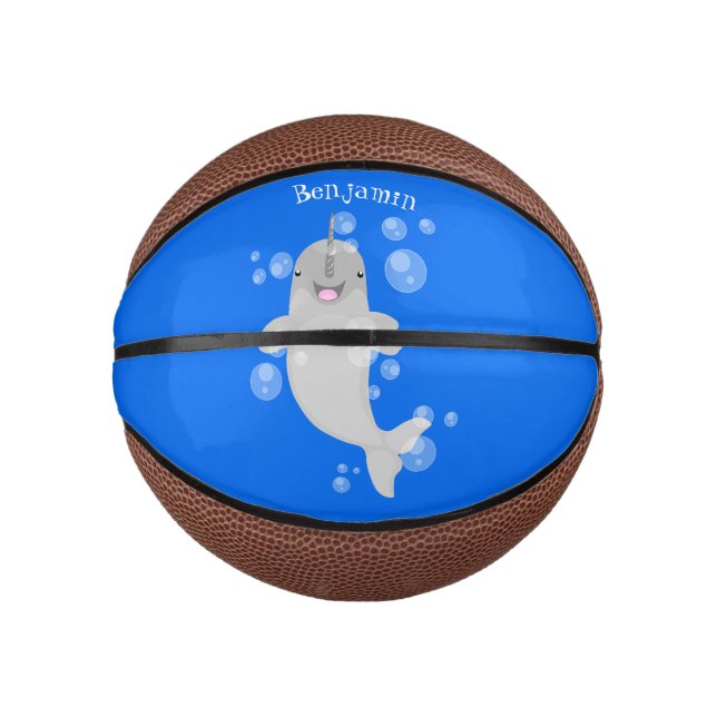 Cute happy narwhal bubbles cartoon illustration mini basketball (Front)