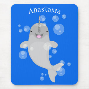 Cute happy narwhal bubbles cartoon illustration mouse mat