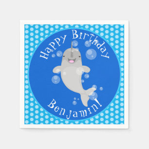 Cute happy narwhal bubbles cartoon illustration napkin